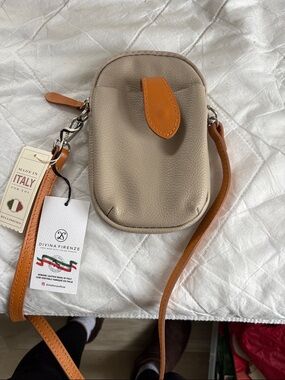 Davina Firenze: Beige and Tan Leather Crossbody Phone Bag